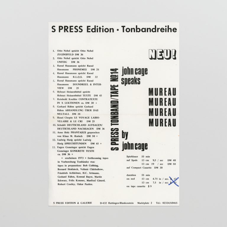 Flyer for S Press Tonband/Tape No. 14: John Cage Speaks Mureau by John Cage