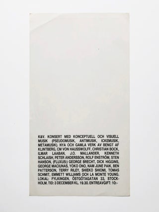 Flyer for K&V. KONSERT MED KONCEPTUELL OCH VISUELL MUSIK (PSEUDOMUSIK, ANTIMUSIK, ICKEMUSIK, METAMUSIK).