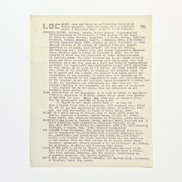 tlaloc loc-sheet: news & notes on publications received at tlaloc magazine, may 1966